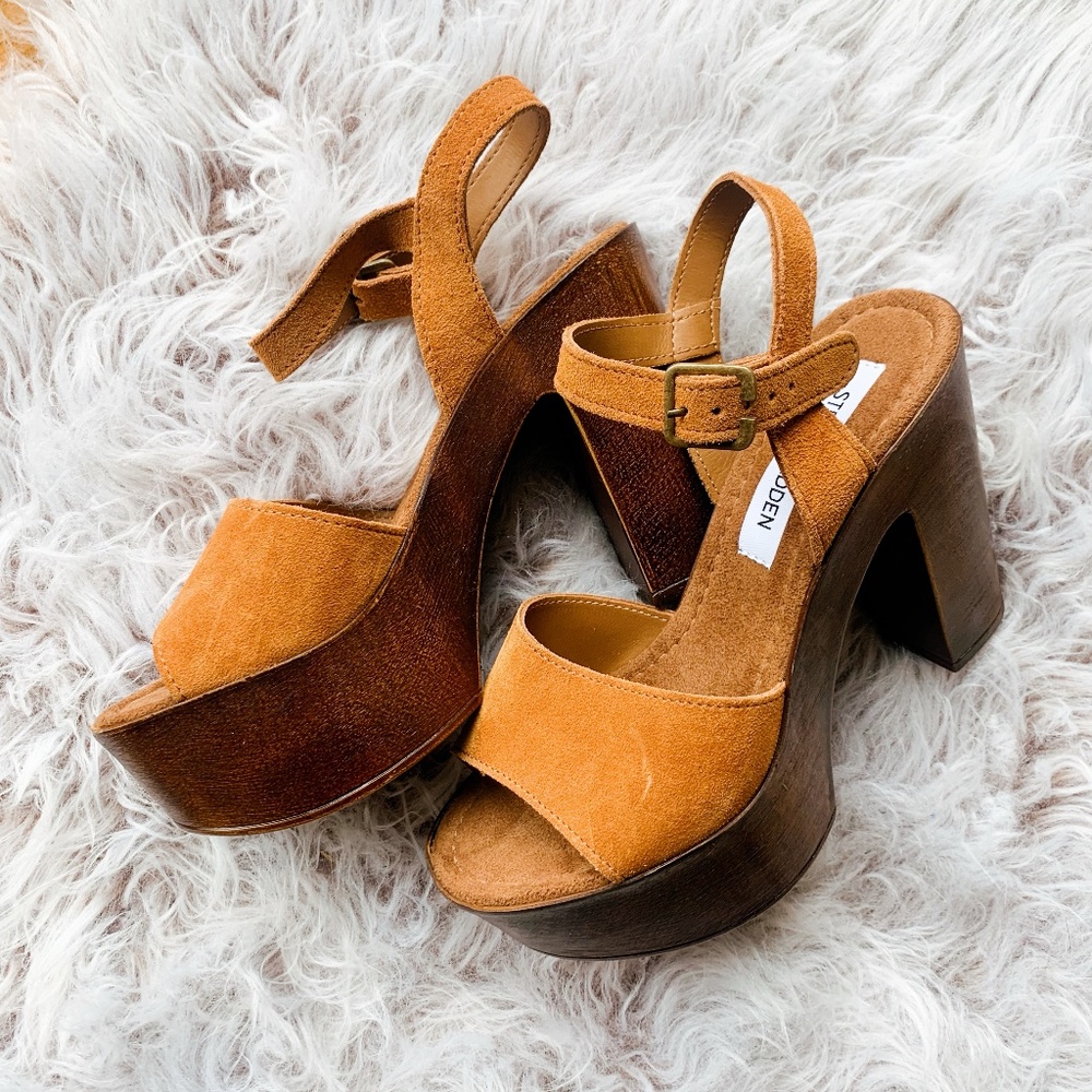 Steve Madden Brown Suede Platform Wooden Heels 5